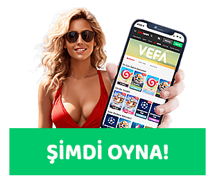 bikinili kadın ve telefon bulunan şimdi oyna afişi